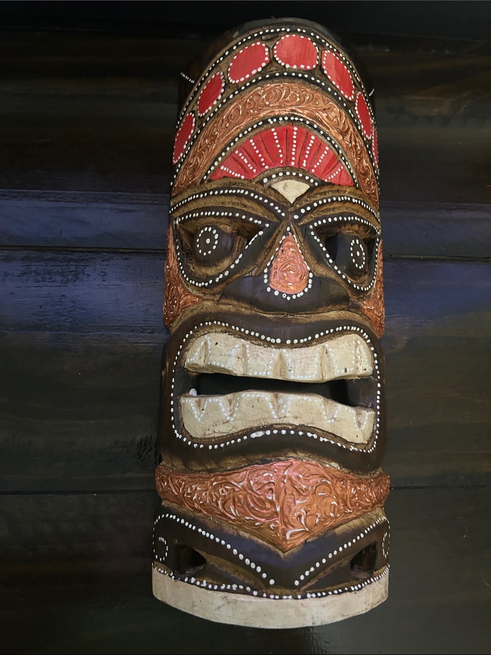Hand Carved Tiki Mask Wall Art in Brown, Red & Cream